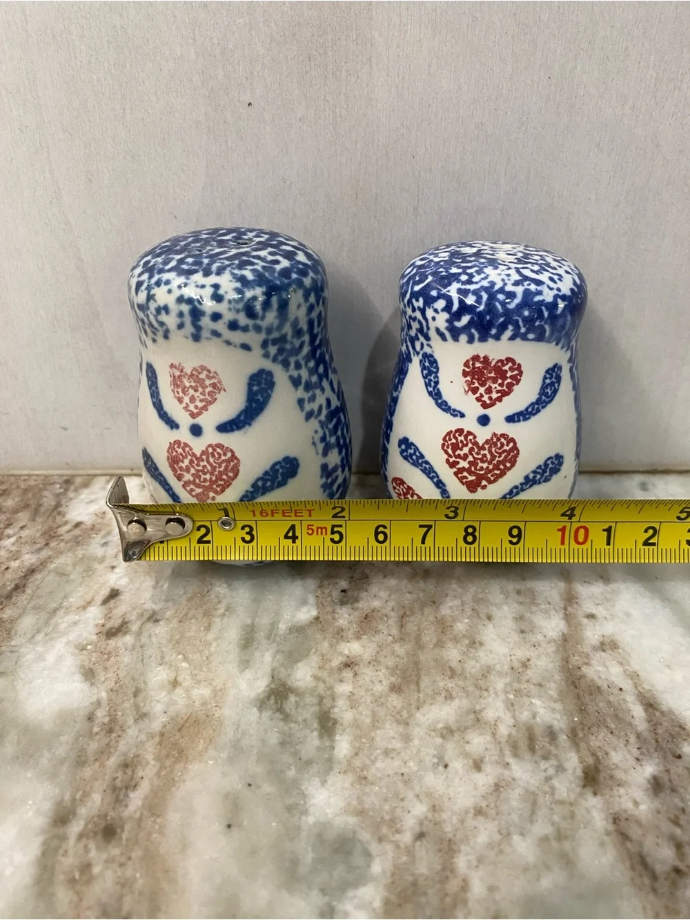 Vintage Blue Spongeware Ceramic Salt & Pepper Shakers Red Hearts Set
